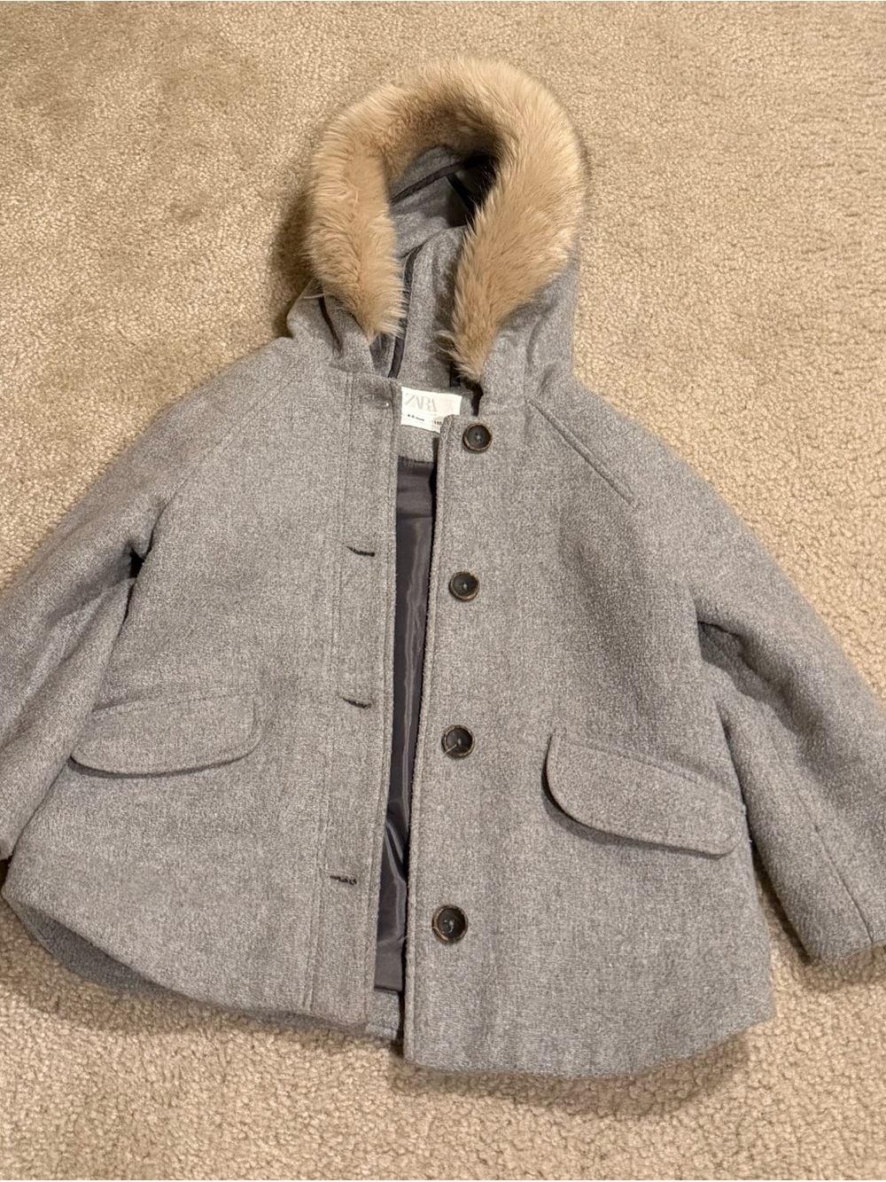 Zara Little Kids Gray Wool Hooded Pea Coat with Faux Fur Trim